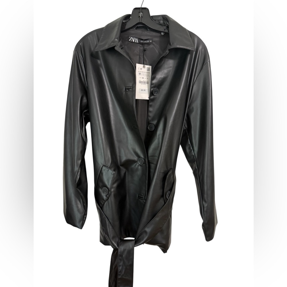 Zara NWT Faux Leather BLack Belted Jacket Size Medium - Picture 4 of 7
